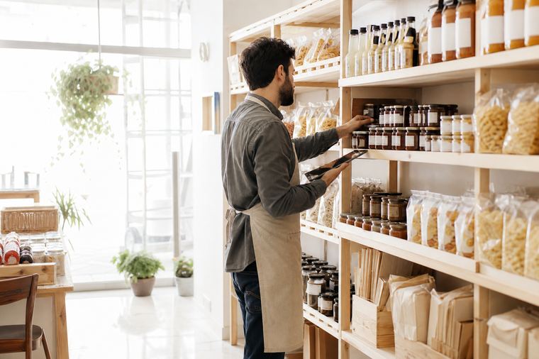 Una donna in piedi dietro il banco alimentare, con i prodotti esposti davanti a lei.