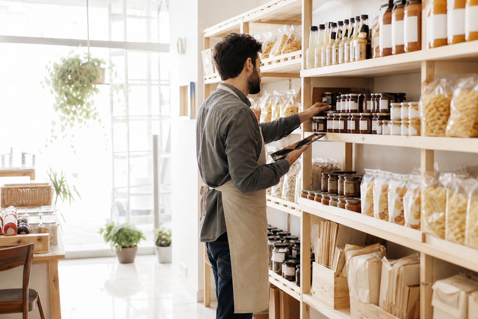 Una donna in piedi dietro il banco alimentare, con i prodotti esposti davanti a lei.